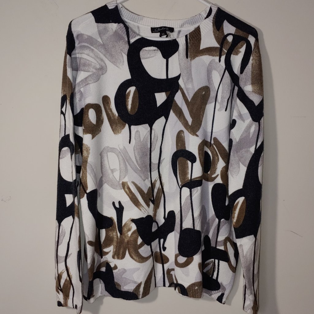 Charlie B Abstract Print Crew Neck Long Sleeve Pullover Sweater Size L Multi